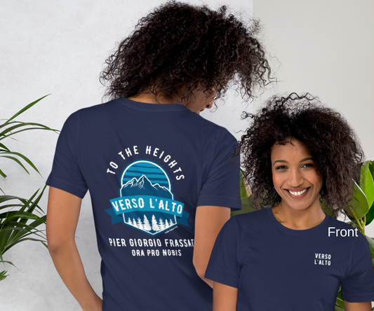 Verso L’alto Dark colored t-shirt for Men and women | Blessed Pier Giorgio Frassati To the Heights tee | Hiking shirt