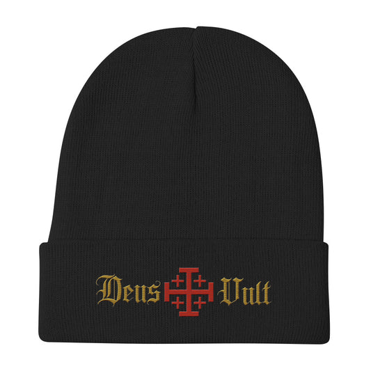 Deus Vult Catholic embroidered beanie in black