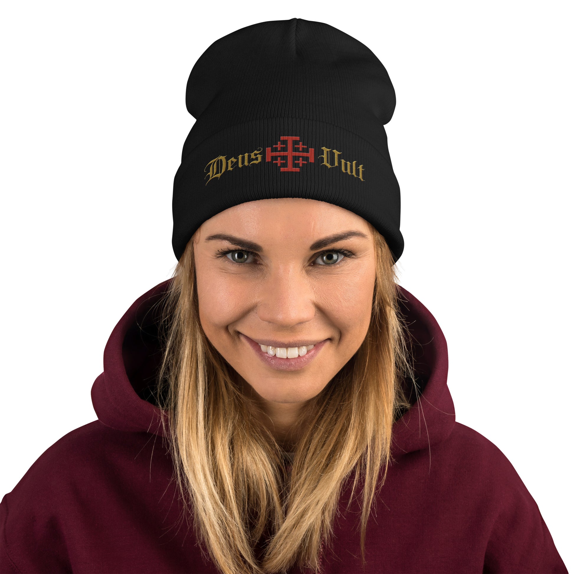 Deus Vult Catholic embroidered beanie in black