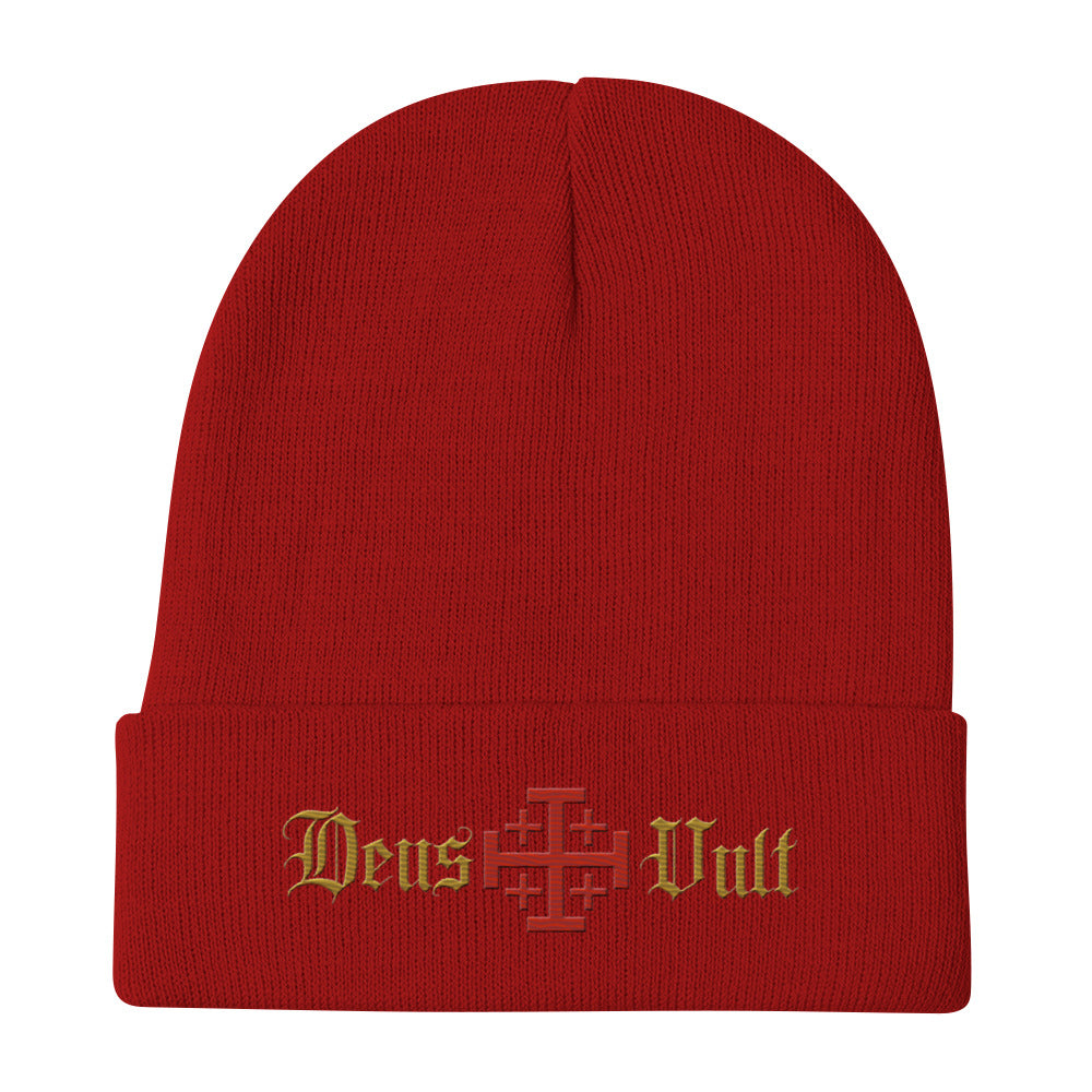 Deus Vult Catholic embroidered beanie in red