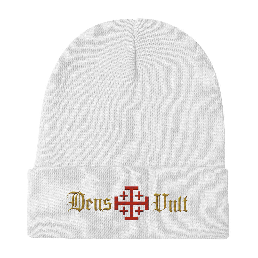 Deus Vult Catholic embroidered beanie in white