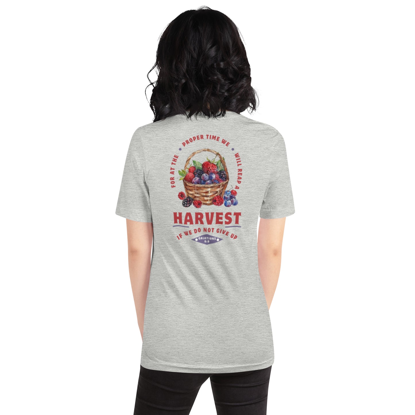 Reap a harvest t-shirt (back) for women featuring Galations 6:9- shown in athletic grey