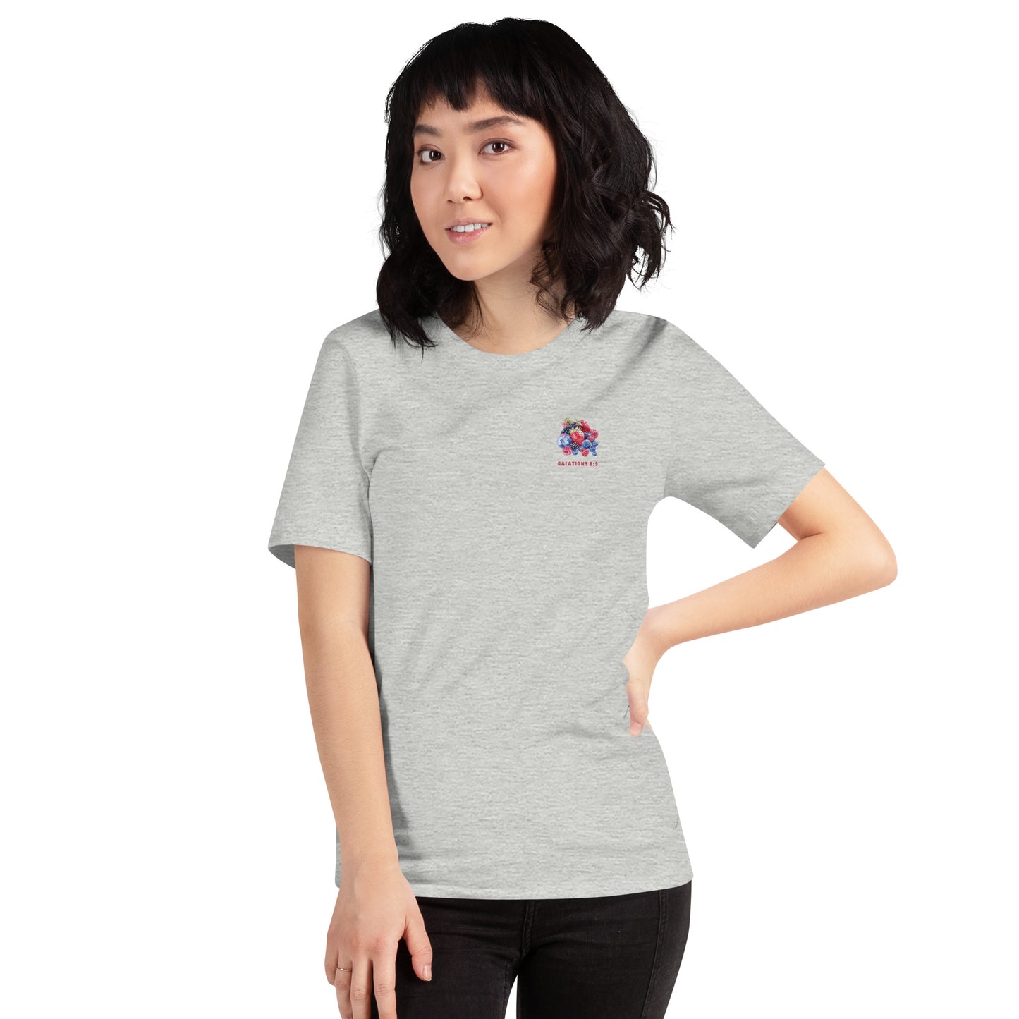 Reap a harvest t-shirt (front) for women featuring Galations 6:9- shown in athletic grey