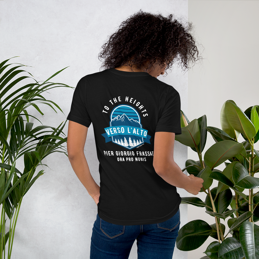 Verso L’alto Dark colored t-shirt for Men and women | Blessed Pier Giorgio Frassati To the Heights tee | Hiking shirt