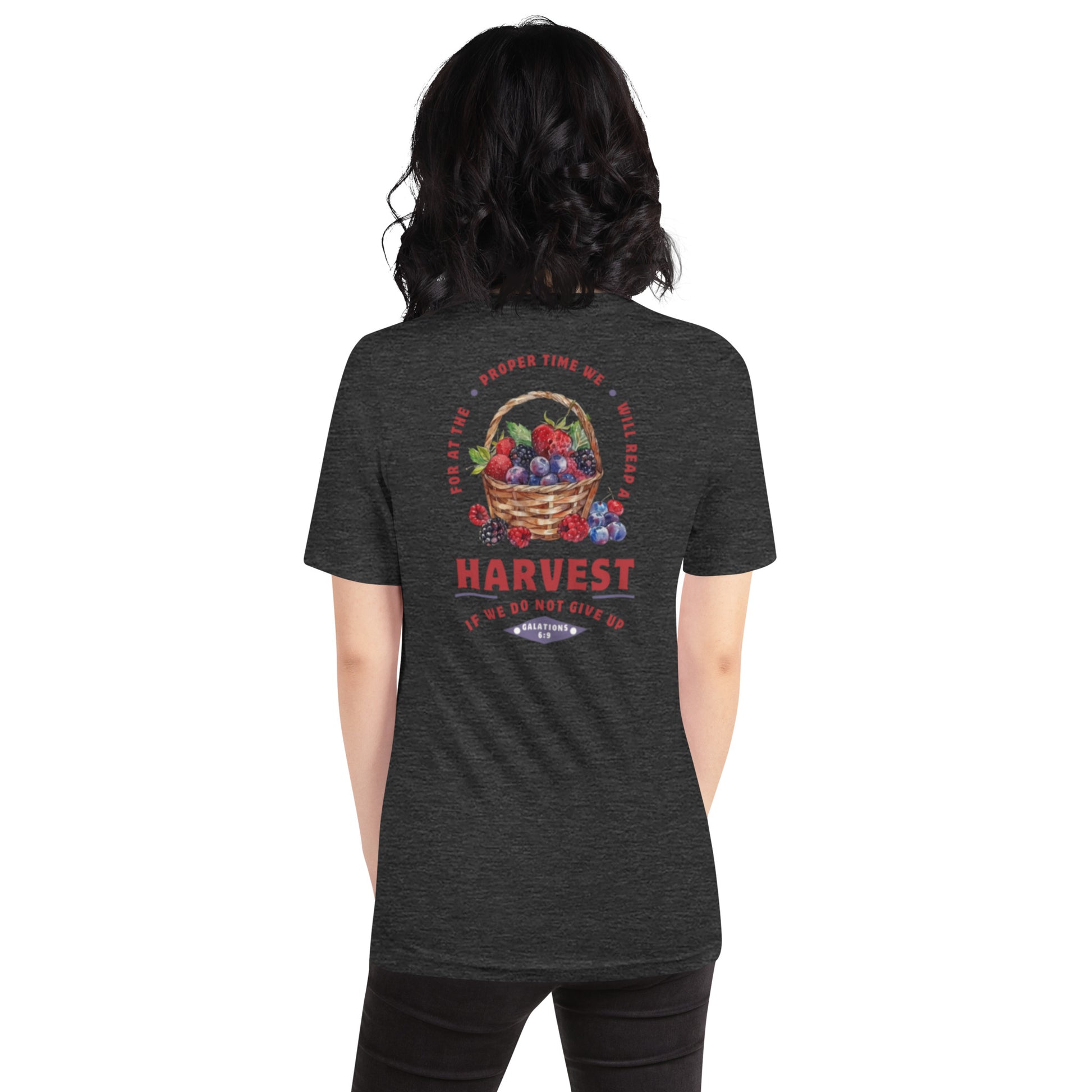 Reap a harvest t-shirt (back) for women featuring Galations 6:9- shown in heather dark gray