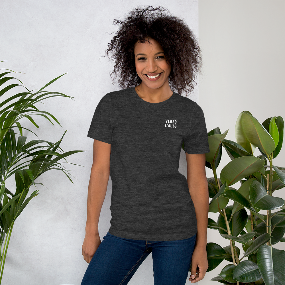 Verso L’alto Dark colored t-shirt for Men and women | Blessed Pier Giorgio Frassati To the Heights tee | Hiking shirt