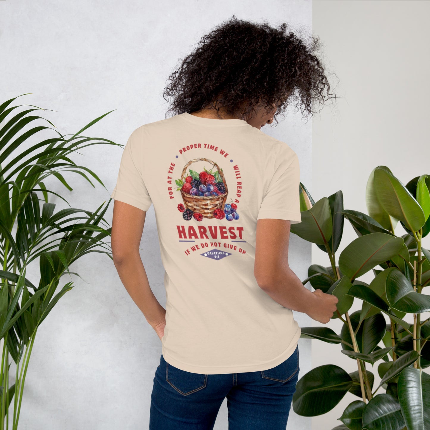 Reap a harvest t-shirt for women (back side of shirt showing basket with berries graphic) featuring Galations 6:9- shown in cream