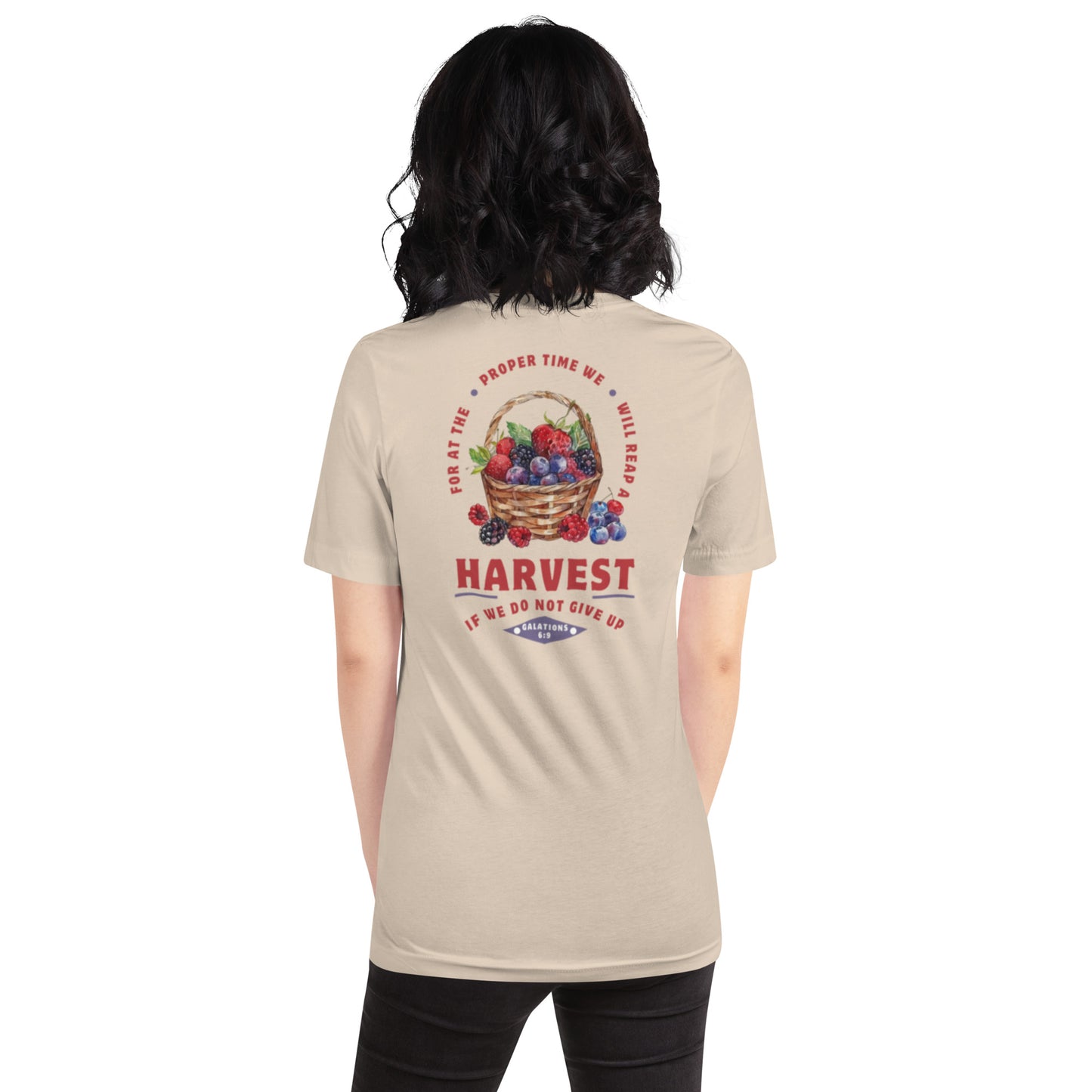 Reap a harvest t-shirt (back) for women featuring Galations 6:9- shown in cream