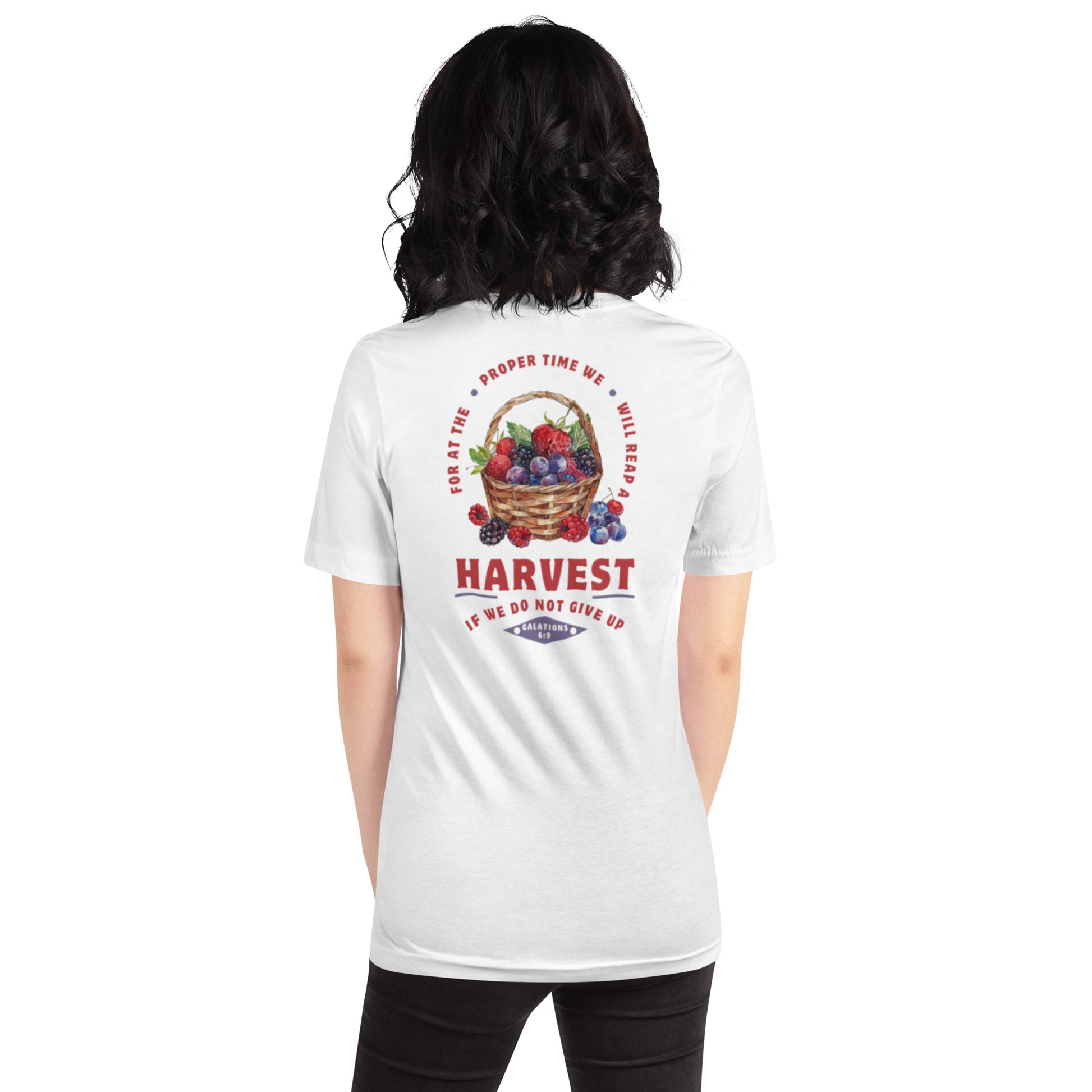 Reap a harvest t-shirt (back) for women featuring Galations 6:9- shown in white