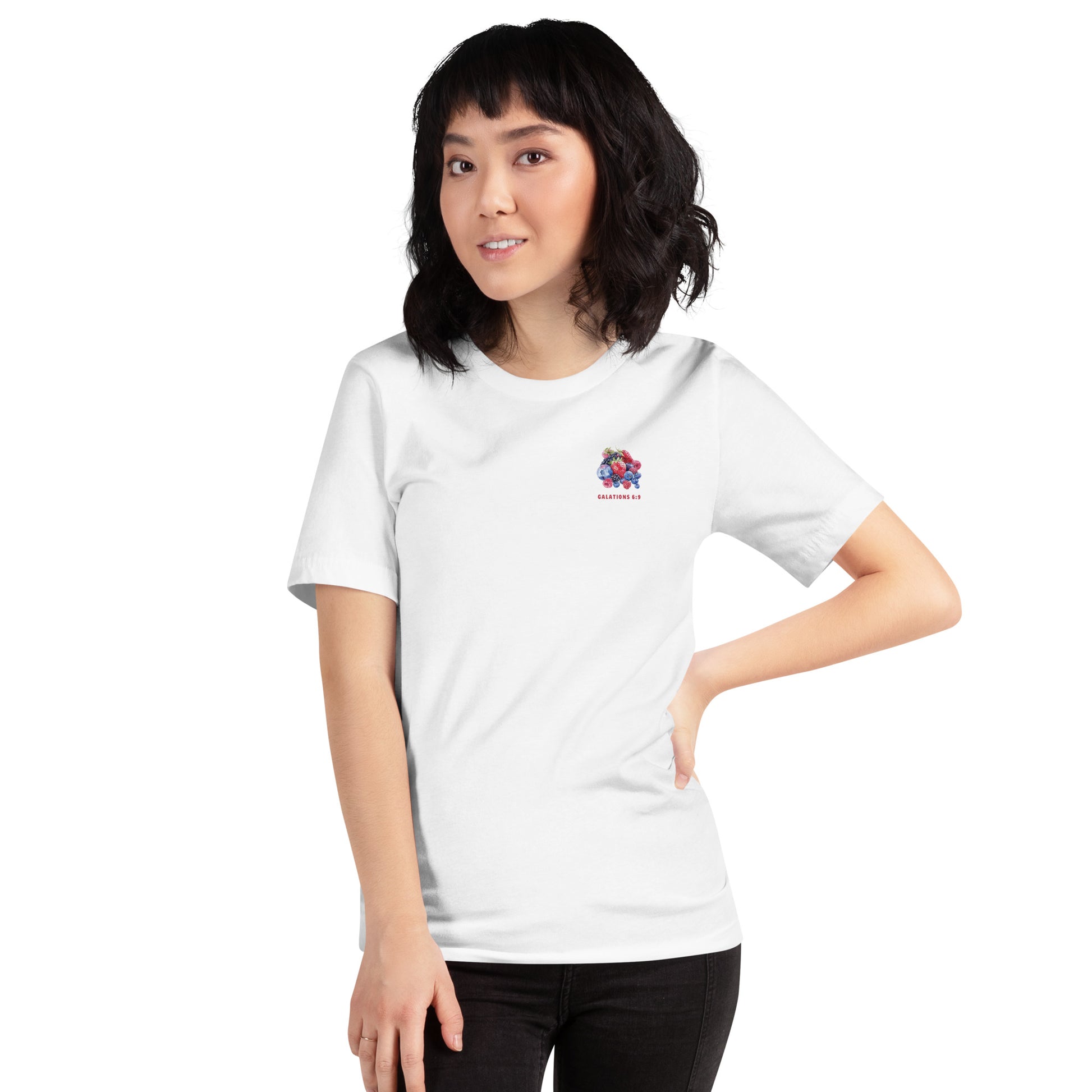 Reap a harvest t-shirt (front) for women featuring Galations 6:9- shown in white